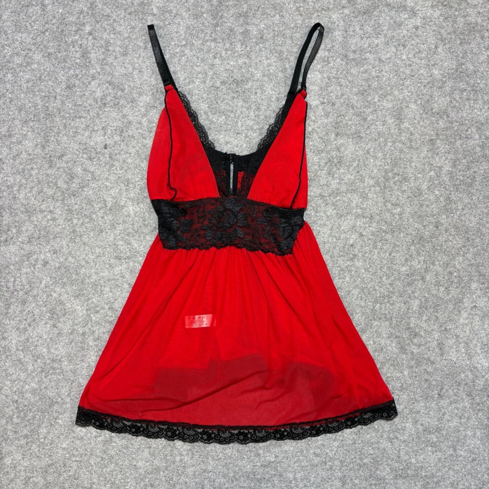 Hot Red Sheer Mesh Babydoll Chemise Black Floral Lace Trim Nightgown Lingerie